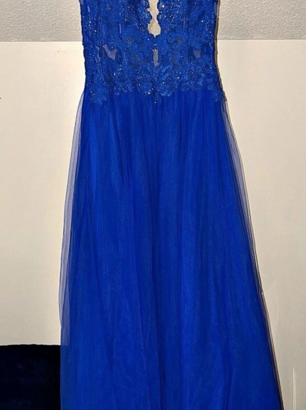 La Femme Blue Lace Maxi Dress Size 16 Like New